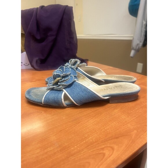 Chanel Blue Denim Camellia Flower Slip On Sandals Womens 35.5 EUR Size 5  US - Picture 1 of 7